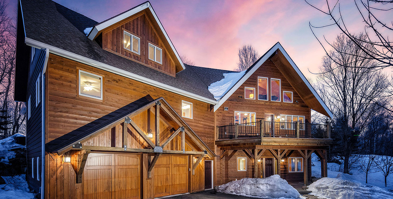 Wooden lodge-style house in the winter